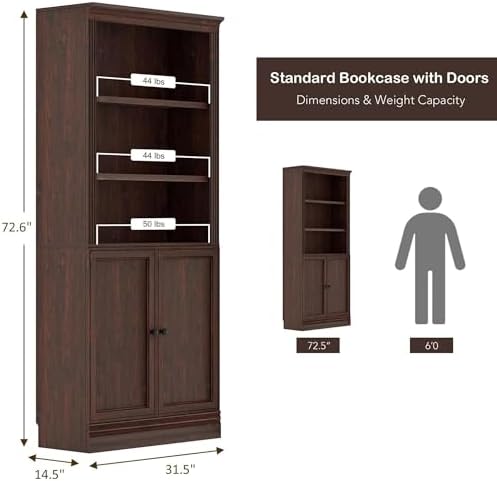 JAHRSTIM Halston Standard Bookcase w/Doors, Cabinet Bookshelf, Dark Cherry - Image 3