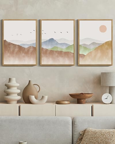KUVIOKE Landscape Mountain Range Wall Art Set 11x14in Natural Framed - Image 3