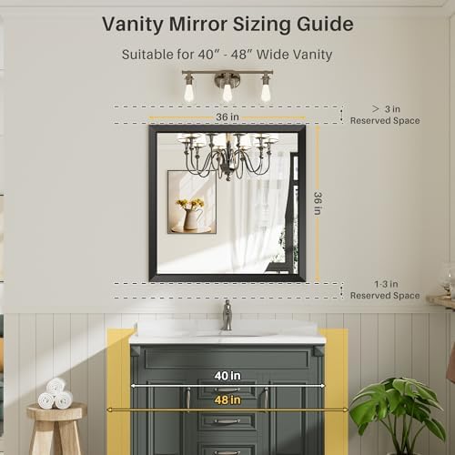 Briivue Black Metal Framed Bathroom Wall Mirror, 36x36 Inch - Image 2