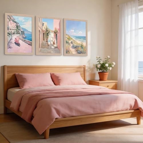 Pink Coastal Landscape Canvas Wall Art 3Pcs Framed Home Decor 24X16 Inch - Image 4