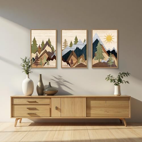Ausri Boho Mountain Pine Tree Framed Canvas Wall Art Set -24"x36"x3 - Image 3