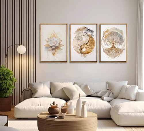3pcs Framed Tree of Life Canvas Wall Art Gold Lotus Zen Painting Picture Wall - Image 4