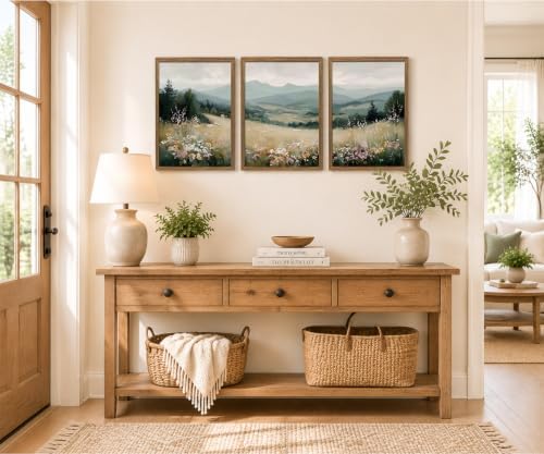 Minimalist Mountain Triptych Wall Art Set of 3, Foggy Wildflower Canvas - Image 5