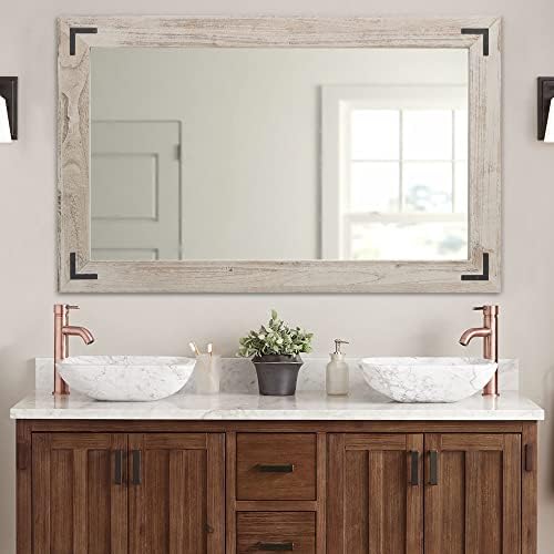 YOSHOOT Rustic Wooden Framed Wall Mirror, Natural Wood Bathroom Vanity Mirror by YOSHOOT