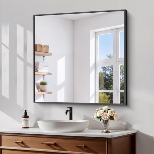 Koonmi Black Bathroom Mirror for Over Sink, Metal Framed 30"x30" Wall Mirror by KOONMI