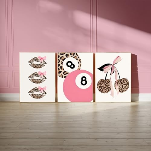 Trendy Pink Leopard Bow Wall Art Set of 3 Funky Cherry Lucky 8 Ball Posters - Image 4