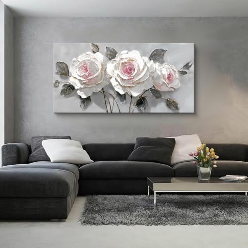 Large White Pink Rose Canvas Wall Art Decor - Image 6
