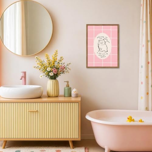 Cute Pink Bathroom Cat Wall Art Welcome to the Bathroom Sign Trendy Animal - Image 6
