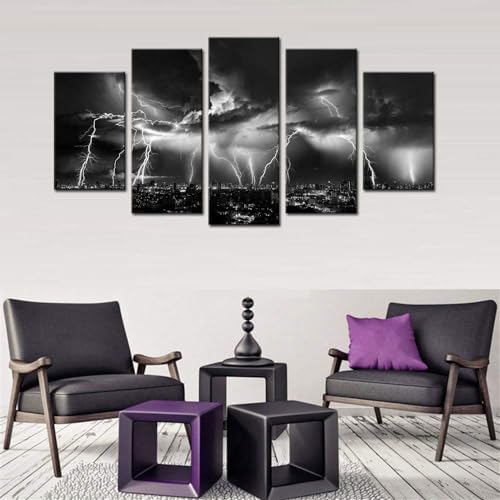 Biuteawal - Black and White City Wall Art Nature Lightning Strikes in The - Image 3
