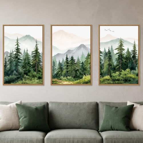 Green Forest Mountain Range Framed Canvas Wall Art -16''x24''x3 by Ausril