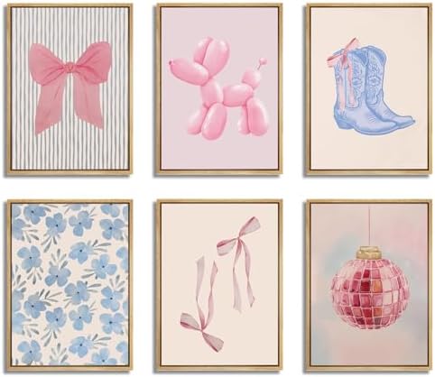 Blue and Pink Preppy Poster Set of 6 Cute Coquette Bow Boots Wall Art Aesthetic by TransformYourWallsElevateYourStyle