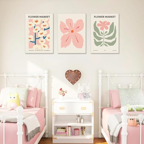 Yaneiro Pink Flower Market Wall Art Set of 3, Colorful Wildflowers Floral - Image 4