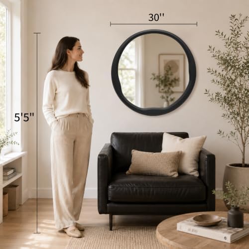 Matte Black 30 Inch Round Wood Wall Mirror, Asymmetrical Inner Edge - Image 4