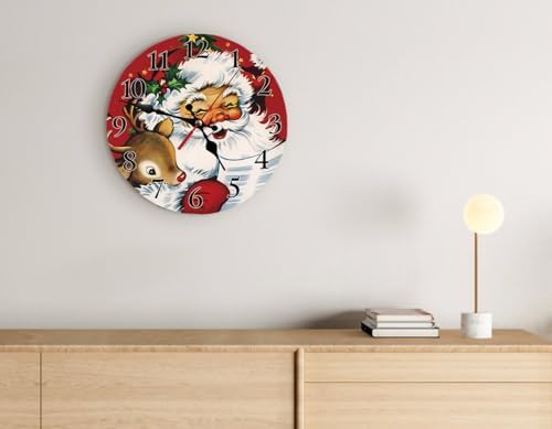 Christmas Vintage Santa Claus and Reindeer Wall Clock, Silent Non Ticking Round - Image 2