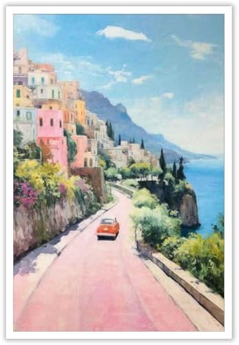 Bittiler Retro Italy Coastal Posters Pink Seaside Town Canvas Wall Art Sunset by Bittiler
