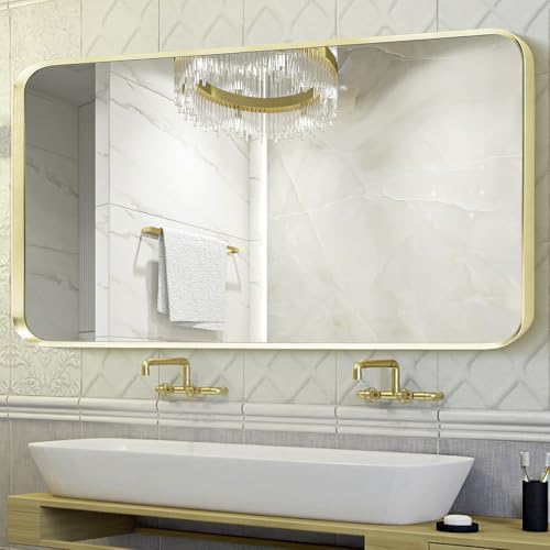 Gold Bathroom Mirror 28x60in, Metal Framed Rounded Rectangle Wall - Image 4