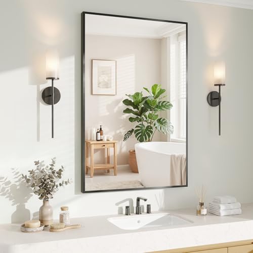 Koonmi Black Rectangle Wall Mirror, 20x30 Inch Bathroom Mirror, Aluminum Frame by KOONMI