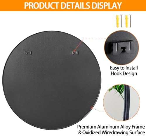 36 Inch Large Round Mirror, Metal Frame Wall Mirror Mounted Black Circle Mirrors - Image 7