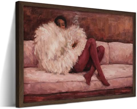 Vintage Framed Impressionist Wall Art, Elegant Woman Lounging on Sofa Canvas by Unknown