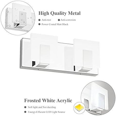 Aipsun 2 Lights Modern LED Bathroom Vanity Light Acrylic Stainless Steel Chrome - Image 2