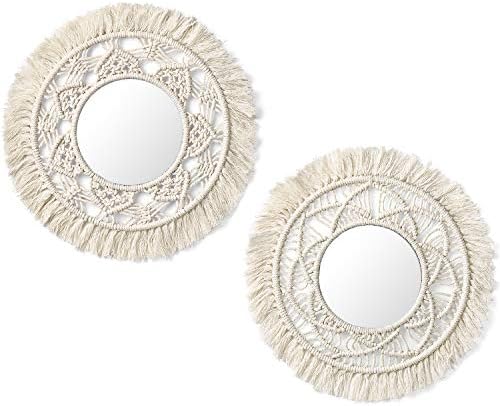 Mkono Hanging Wall Mirror with Macrame Fringe 2 Set Small Round Decoration Boho by Mkono