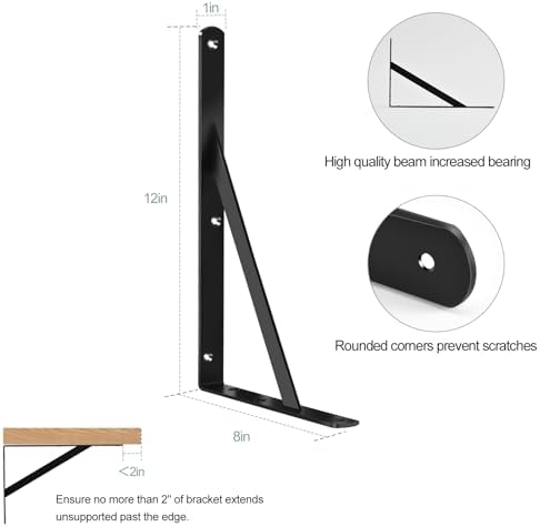 12 Pack L12 x H 8" Black Heavy Duty Shelf Brackets - Image 2
