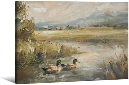 Mallard Duck Pond Poster Animal Farmhouse Canvas Wall Art Vintage Duck Painting by Haitunone