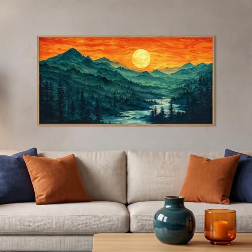 Boho Mountain Sunset Landscape Framed Canvas Wall Art-40"x20"x1 by Celestdeco