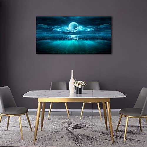 Full Moon Ocean Waves Wall Art Moon Night Canvas Pictures Dark Teal Blue - Image 6