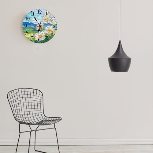 Wall Clock, Colorful Stained Glass White Daisy Silent Non Ticking Clock - Image 3