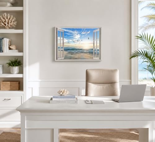 Birnsen Coastal Window Canvas Wall Art Ocean Beach Sunset Painting Picture Wall - Image 2