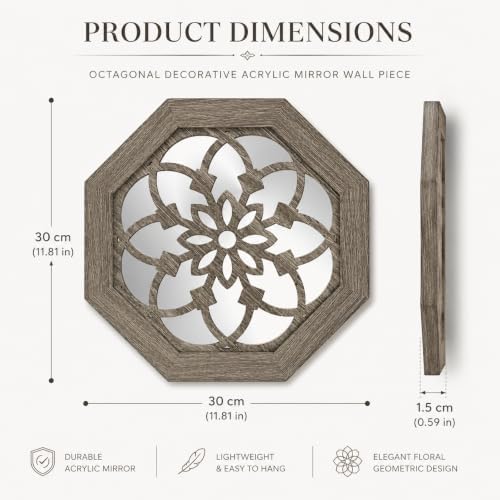 2 Pack 12 Inch Octagon Brown Rustic Wood Frame Acrylic Wall Mirrors, Farmhouse - Image 3