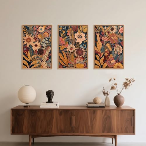 HOURIA Large Mid Century Orange Flower Framed Canvas Wall Art Set-16"x24"x3 - Image 3