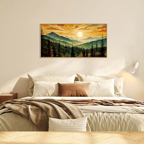 LHIUEM Large Boho Sunset Mountain Framed Canvas Wall Art, Retro Pine Tree Wall - Image 5
