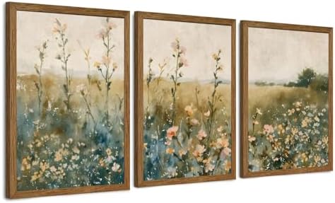 AVECCO 3 Pieces Vintage Wildflower Field Wall Art Framed Canvas 12x16 inch by Unknown