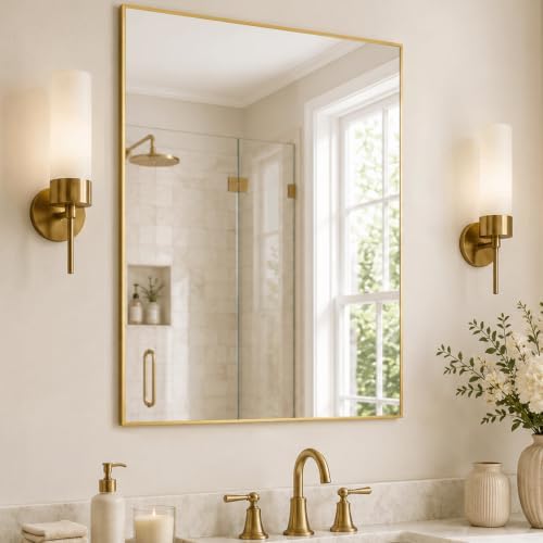 30"x36" Brushed Gold Framed Rectangle Bathroom Vanity Wall Mirror by Pocetry