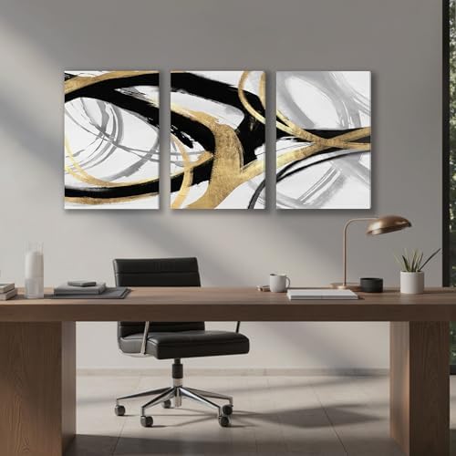 DUWQU Triptych Black Gold White abstract Lines Canvas Wall Art 20x30 in x3 - Image 3