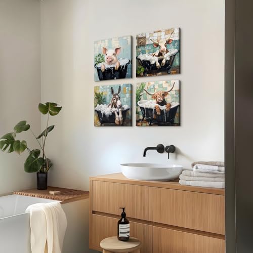 Funny Animal Bathroom Wall Art Farmhouse Cow Pictures Wall Decor Cute Highland - Image 2