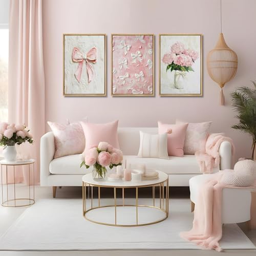 3Pcs Trendy Pink Bows Wall Art Cute Girly Coquette Watercolor Hydrangea Bow - Image 6