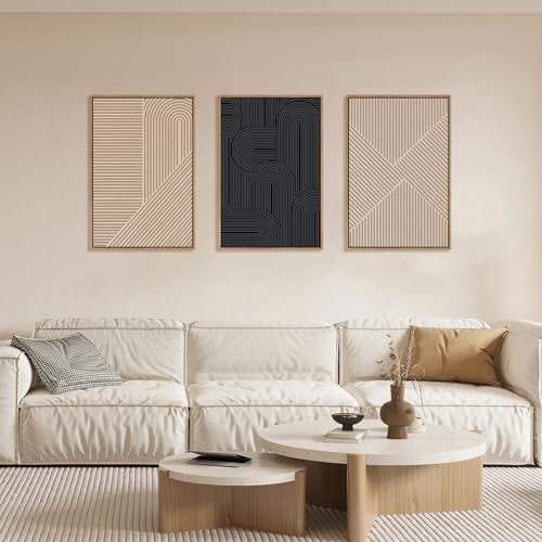 LHIUEM Large Abstract Textured Line Framed Canvas Wall Art, Boho Beige Black - Image 2