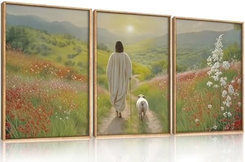 LHIUEM Large Jesus and Lamb Christian Framed Canvas Wall Art, Leaves The 99 - Image 6