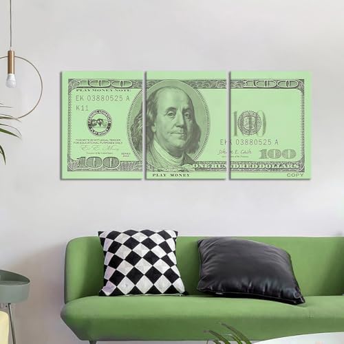 3pcs Money Canvas Wall Art Green 100 Dollar Bill Painting Inspirational Wall - Image 4