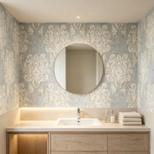 17.3"x118" Antique Grey Damask Peel & Stick Wallpaper, Distressed Textured - Image 7