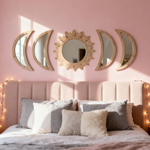 5 Pieces Moon Phase Mirror Wall-Mounted Wall Decor Mirrors Natural Wooden - Image 2