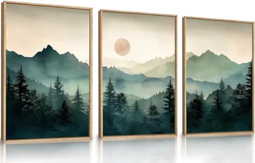 LHIUEM Large Boho Mountain Framed Wall Art Set, Abstract Nature Sunrise Artwork by LHIUEM