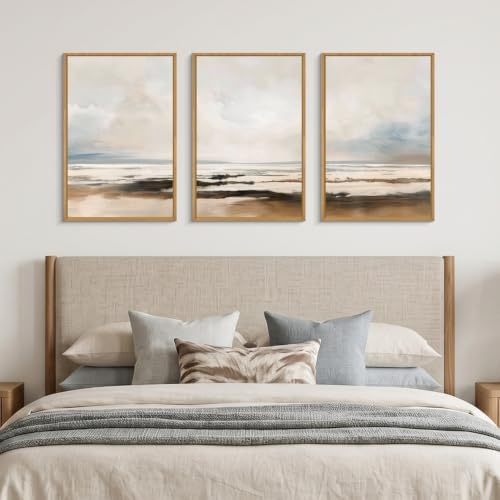 HOURIA Neutral Abstract Gray Landscape Framed Canvas Wall Art Set-16"x24"x3 - Image 4