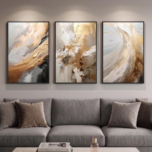 Large Framed Neutral Luxury Abstract Wall Art, 3 Piece Set, Each 20x30 In by Cuspin