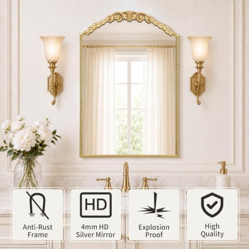 Besdomus Arched Bathroom Mirror: 24"x36" Vintage Rose Gold Wall Mirror - Image 2