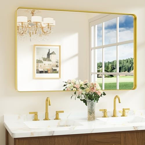 Keonjinn 48 x 30 Inch Brushed Gold Bathroom Vanity Mirror, Aluminum Frame by Keonjinn