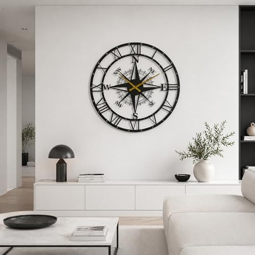 ECHORA Large Metal Compass Rose Wall Clock, Roman Numeral, Nautical Farmhouse - Image 4